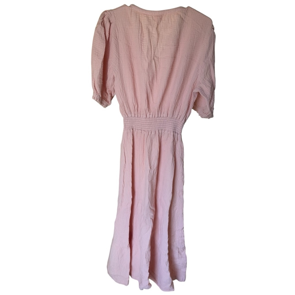 4our Dreamers‎ Pink Gauze Midi Dress Puff Sleeve V Neck Elastic Waist S - Picture 2 of 6